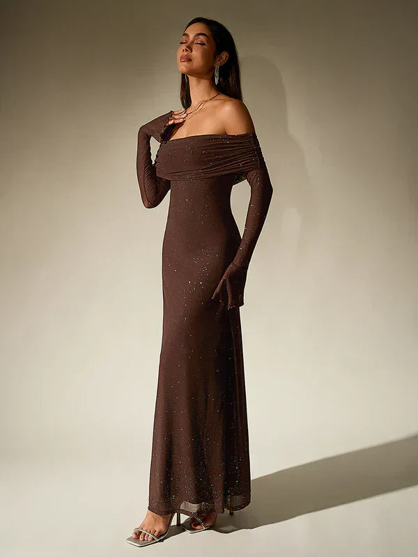 Valenzora | Schulterfreies Abendkleid in Braun mit Glitzer