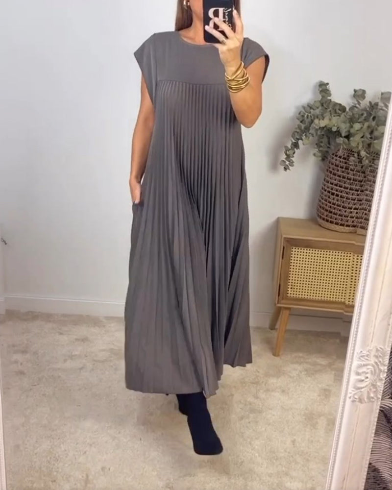 Elegant pleated dress, solid color, sleeveless