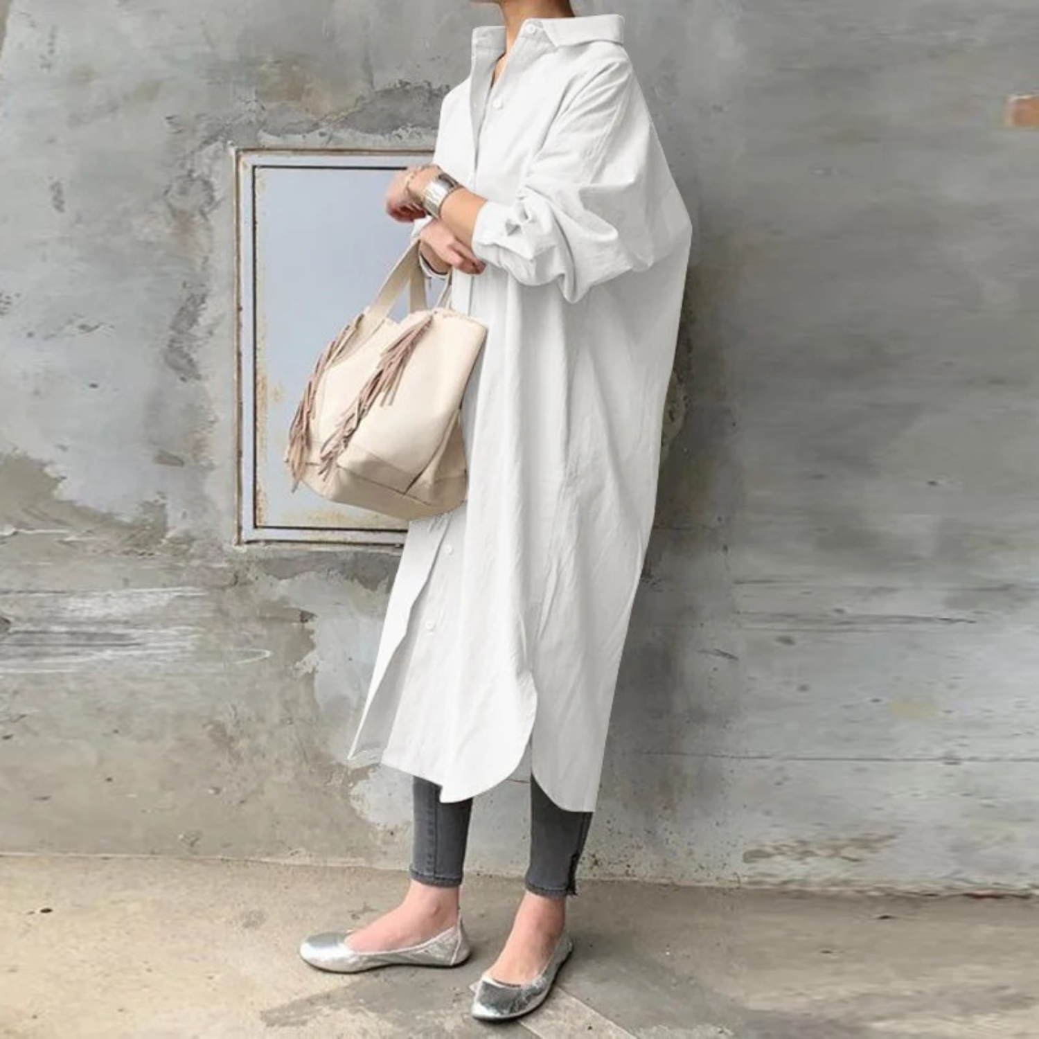 Valenzora | Solid Color Long Shirt Dress with Collar