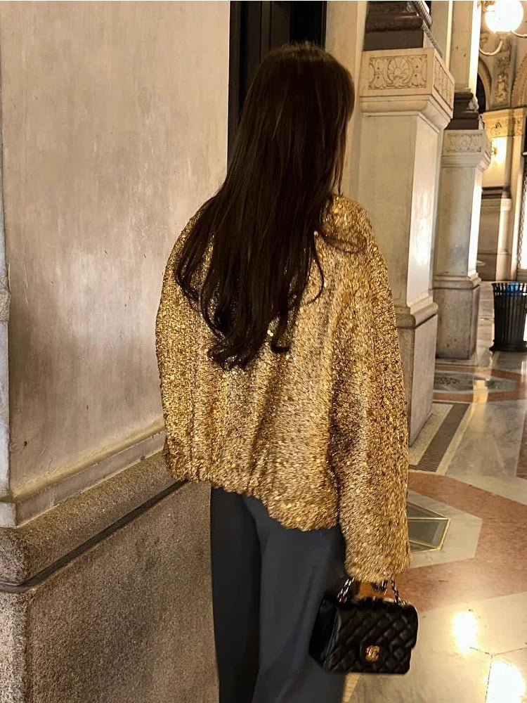Valenzora - Women's Loose Fit Sequin Gold Bomber Jacket with Stand-Up Collar