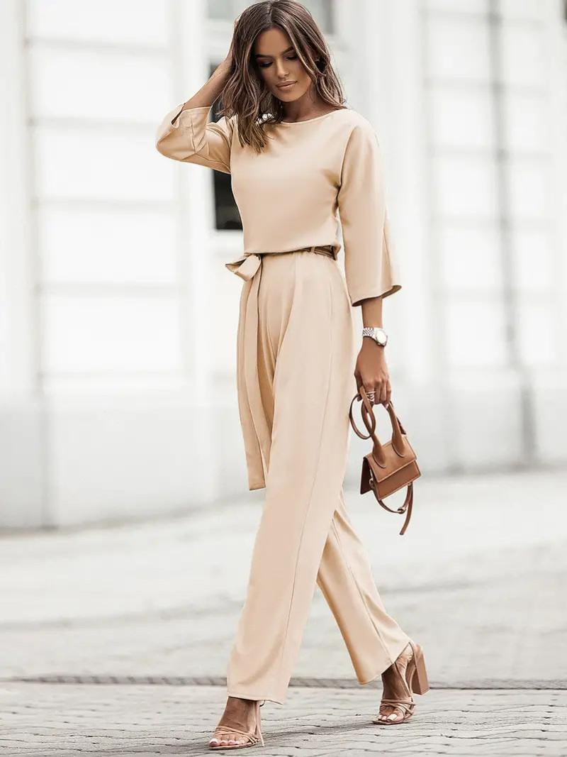 Valenzora | Jumpsuit Wide leg Waist belt Three-quarter sleeves Elegant fit