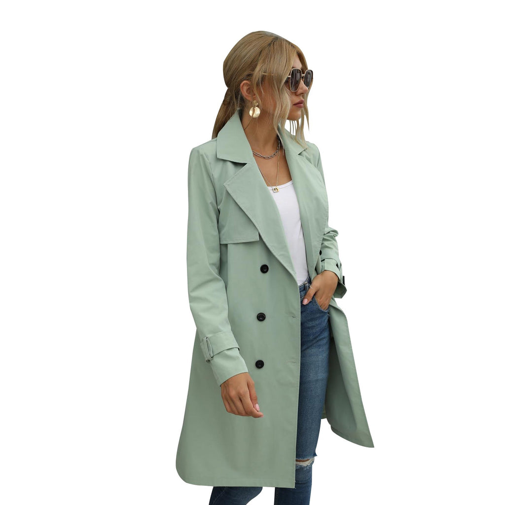 Valenzora | Women's Midi Trench Coat Jacket, Solid Color, with Double-Breasted Button System