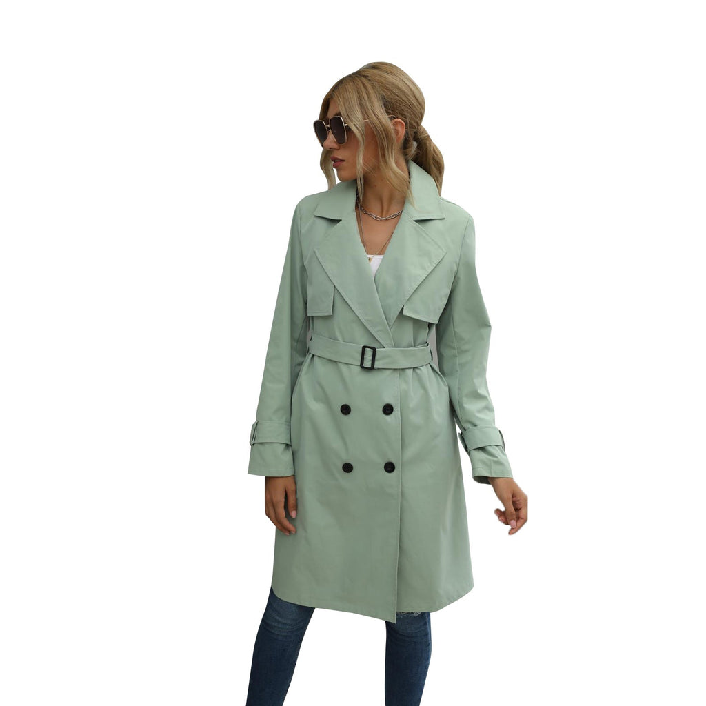 Valenzora | Women's Midi Trench Coat Jacket, Solid Color, with Double-Breasted Button System