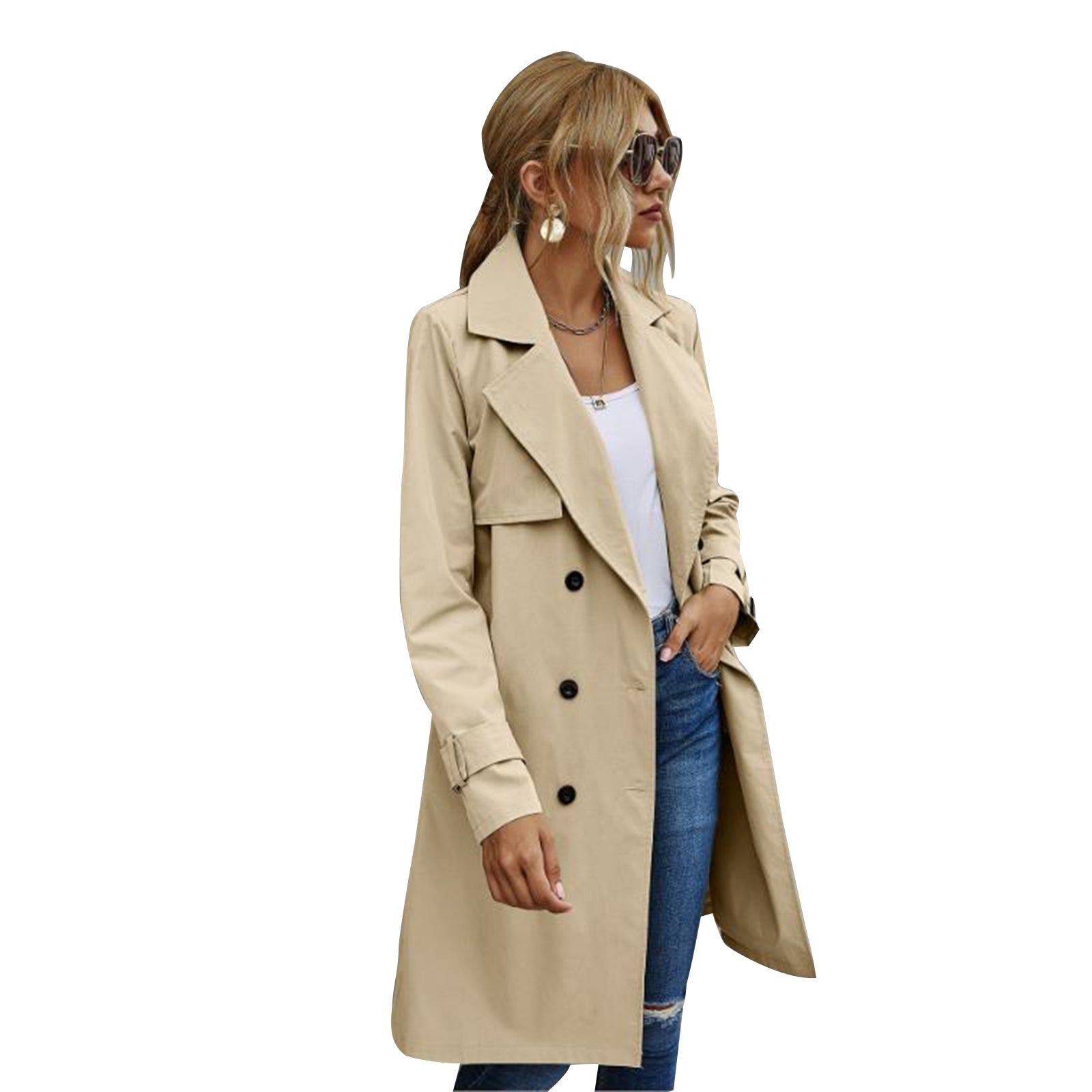 Valenzora | Women's Midi Trench Coat Jacket, Solid Color, with Double-Breasted Button System
