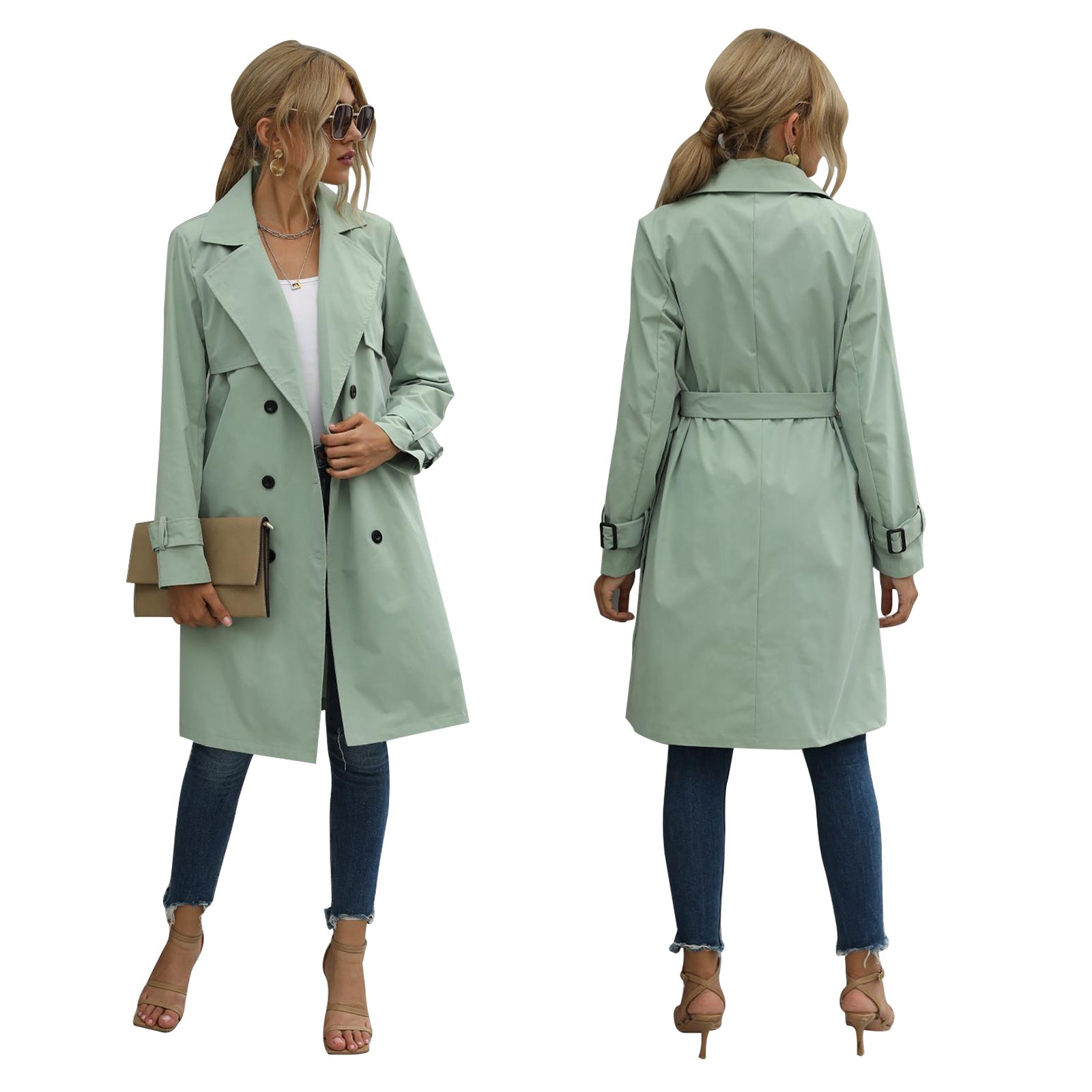 Valenzora | Women's Midi Trench Coat Jacket, Solid Color, with Double-Breasted Button System