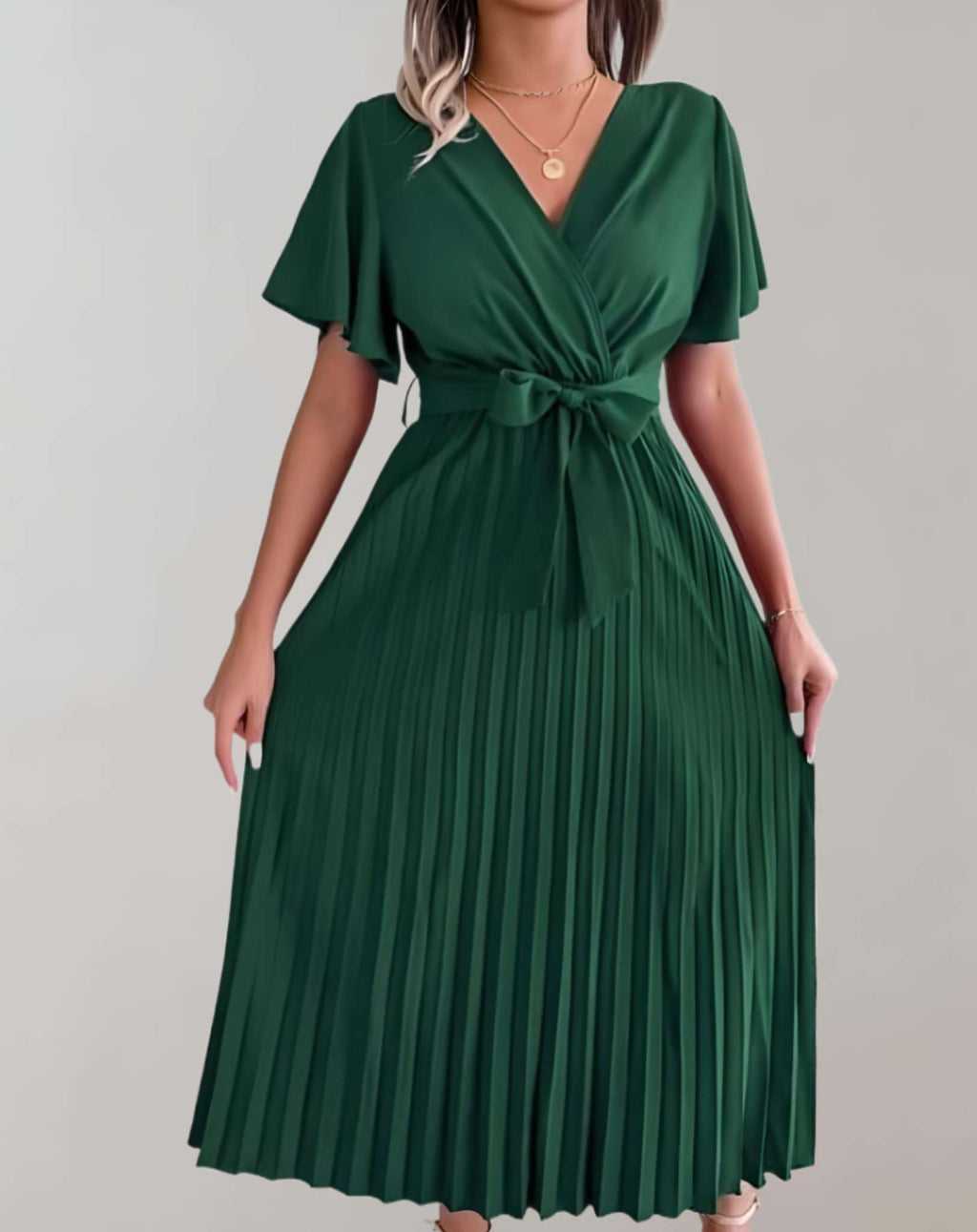 Valenzora | Plissiertes Kleid mit weiten kurzen Ärmeln und Bindeband