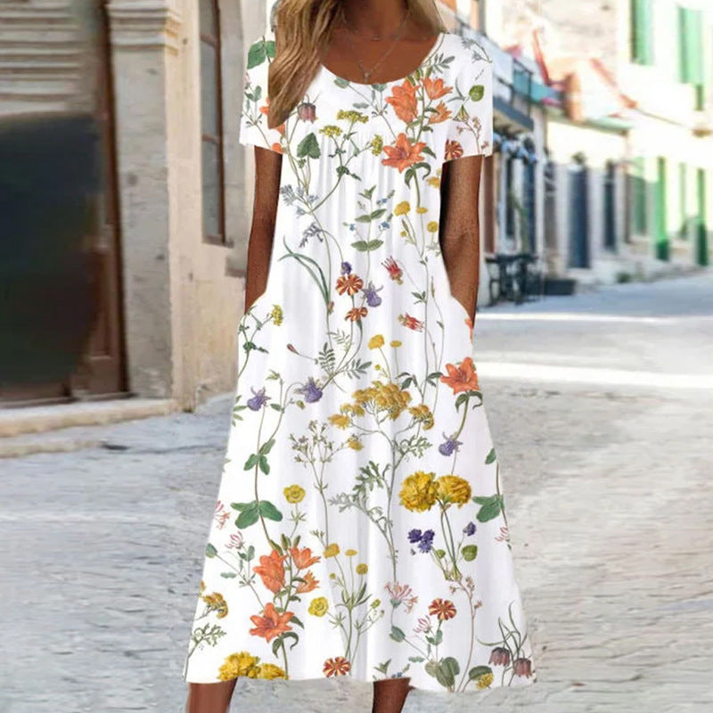 Valenzora – Bohemian-style maxi dress with floral print and pockets | Short-sleeved floral maxi dress in boho-chic style for women