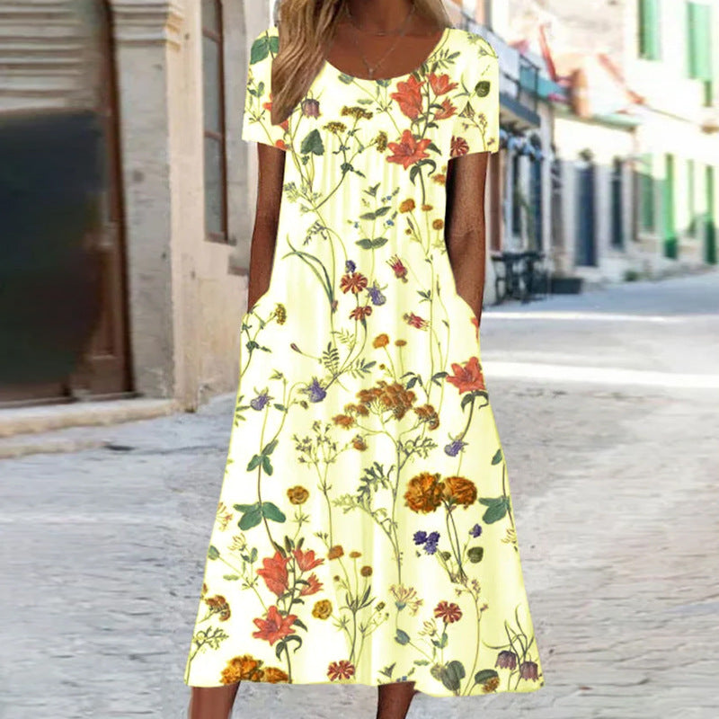 Valenzora – Bohemian-style maxi dress with floral print and pockets | Short-sleeved floral maxi dress in boho-chic style for women