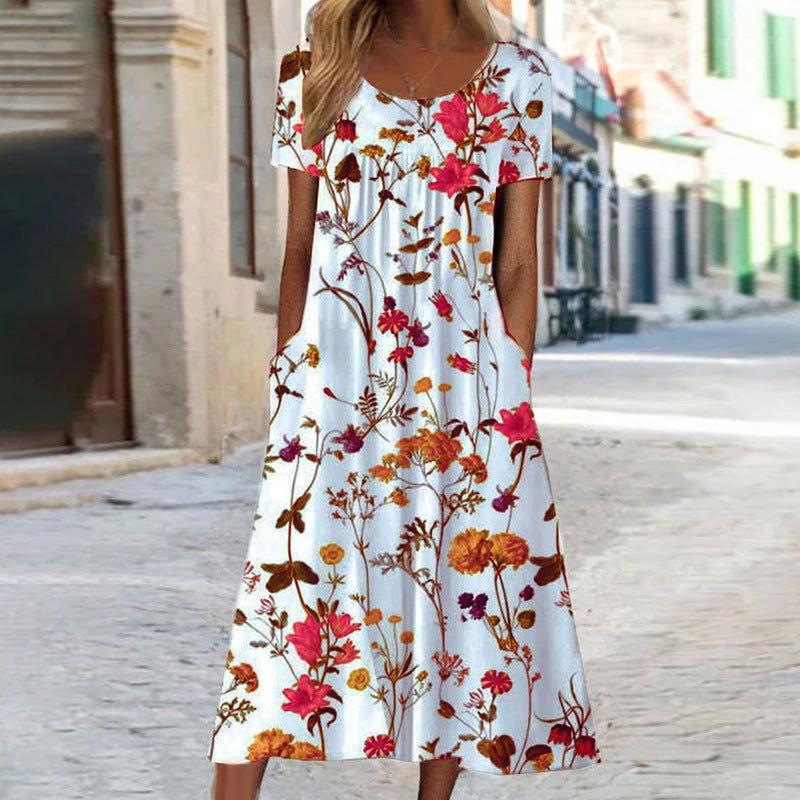 Valenzora – Bohemian-style maxi dress with floral print and pockets | Short-sleeved floral maxi dress in boho-chic style for women
