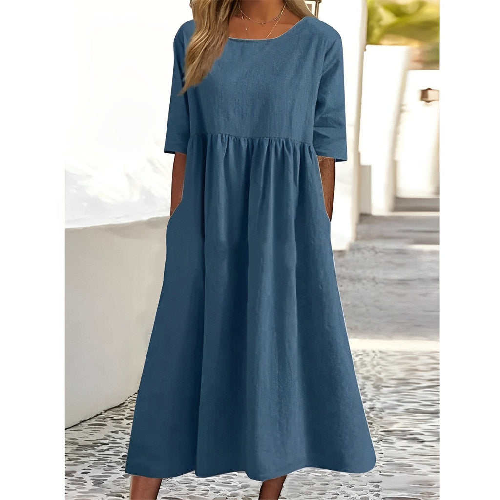 Valenzora | Atmungsaktives Vintage-Midi-Kleid aus Baumwoll-Leinen mit Falten-Design