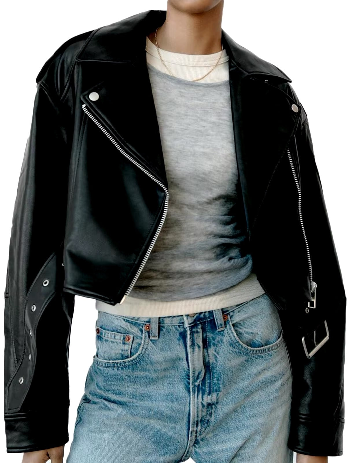 Valenzora | Kurze Bikerjacke aus Kunstleder mit Gürtel
