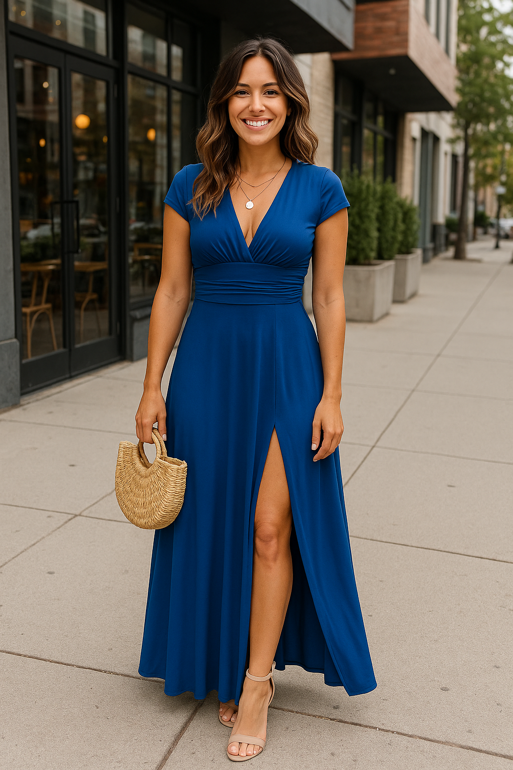 Elegant maxi dress with deep V-neck and high slit – evening and party dress