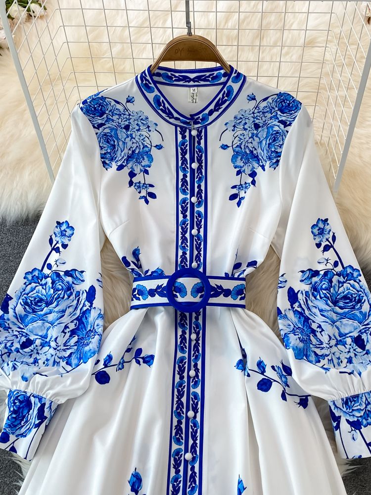 Valenzora Floral Print Dress, Long Lantern Sleeves, Single, Vintage