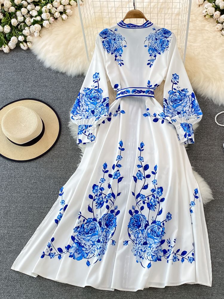 Valenzora Floral Print Dress, Long Lantern Sleeves, Single, Vintage