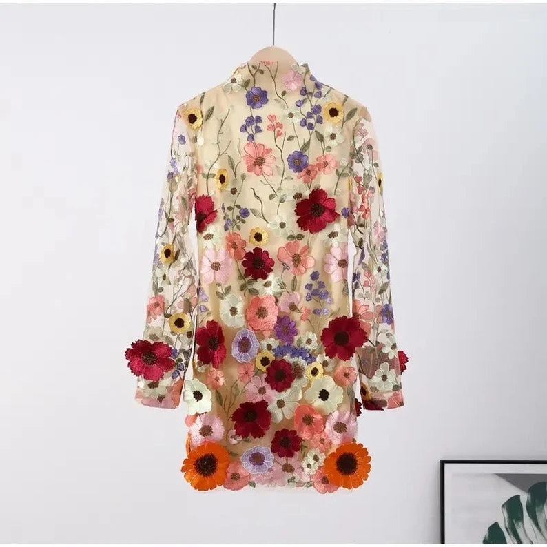 Valenzora | Besticktes, transparentes Minikleid mit Blumenmuster