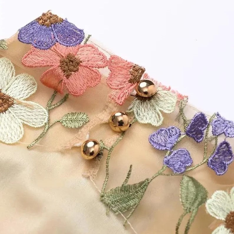 Valenzora | Besticktes, transparentes Minikleid mit Blumenmuster