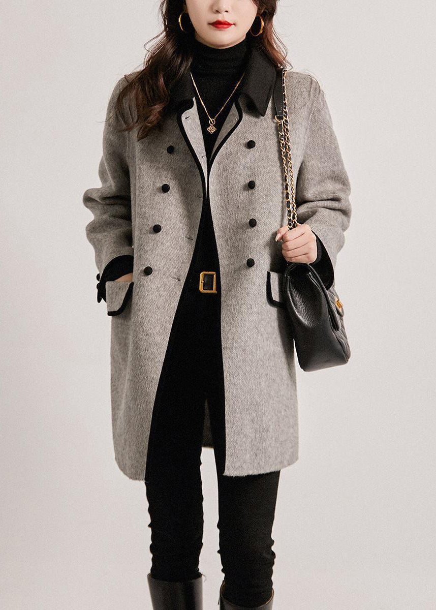 Monique™ - French Grey Double Chest Patchwork Wool Trench Autumn