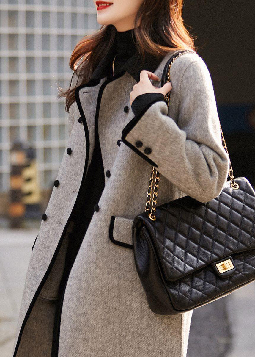 Monique™ - French Grey Double Chest Patchwork Wool Trench Autumn