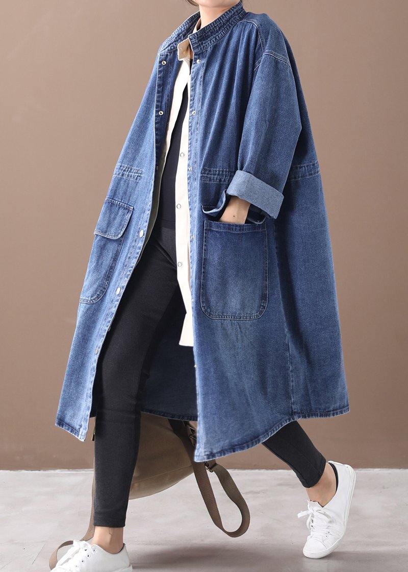 Valenzora | Denim Blue Plus Size Trench Coat with Drawstring