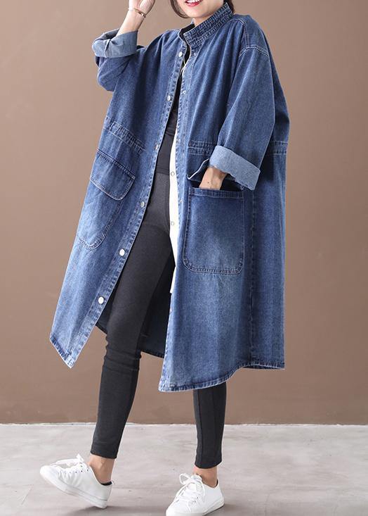 Valenzora | Denim Blue Plus Size Trench Coat with Drawstring