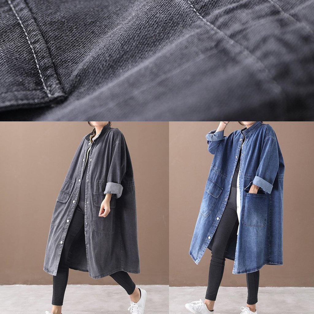 Valenzora | Denim Blue Plus Size Trench Coat with Drawstring