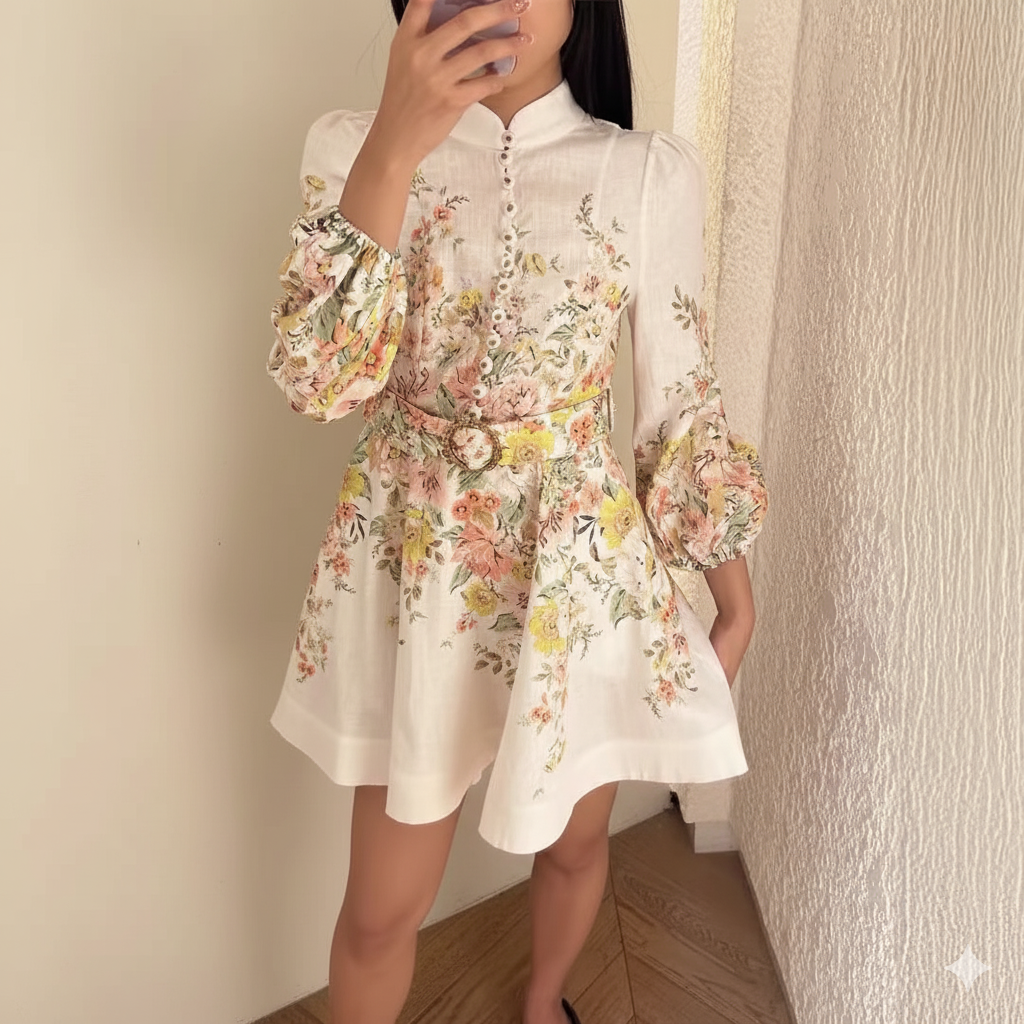 Valenzora | Cotton & Linen Puff Sleeve Floral Belt Dress