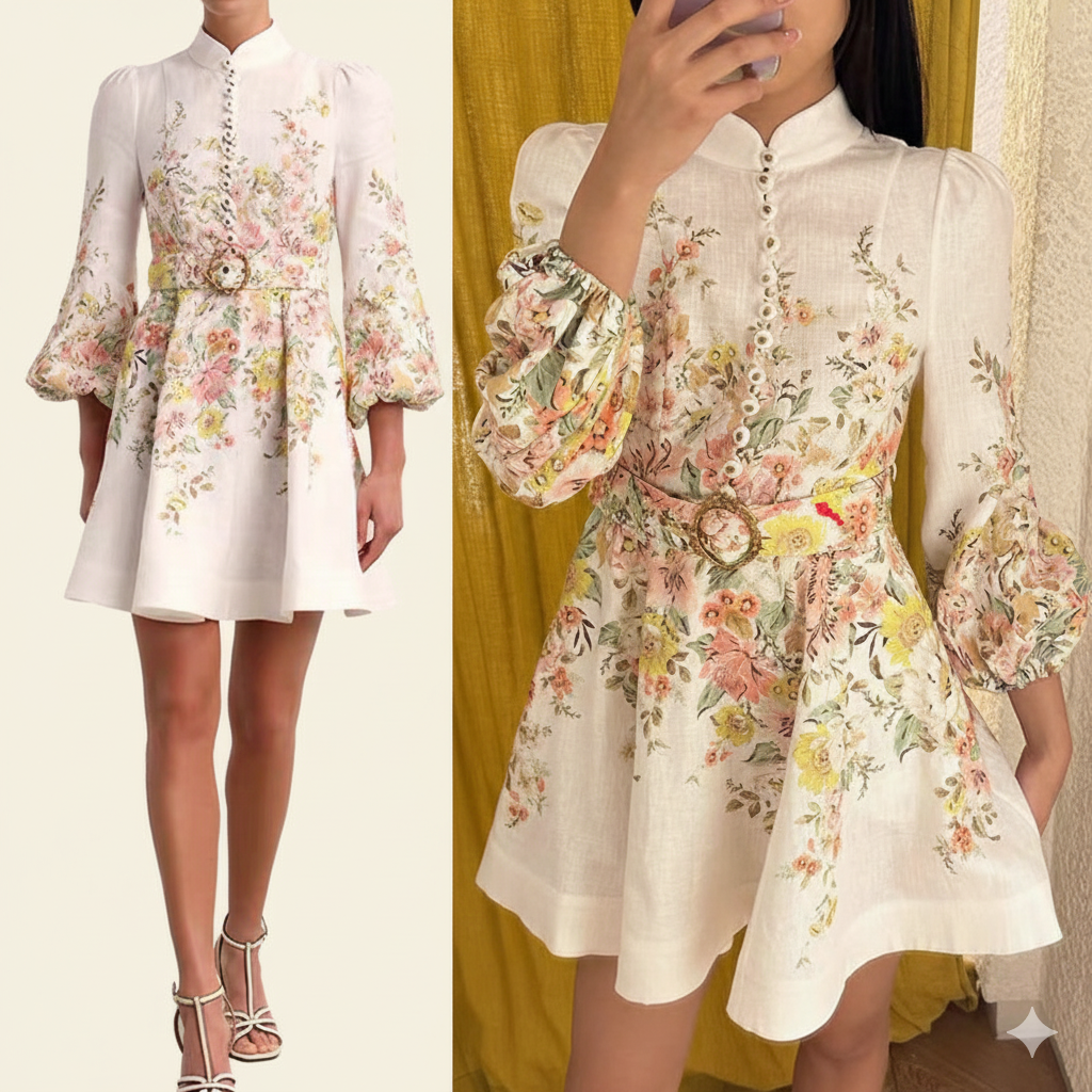 Valenzora | Cotton & Linen Puff Sleeve Floral Belt Dress