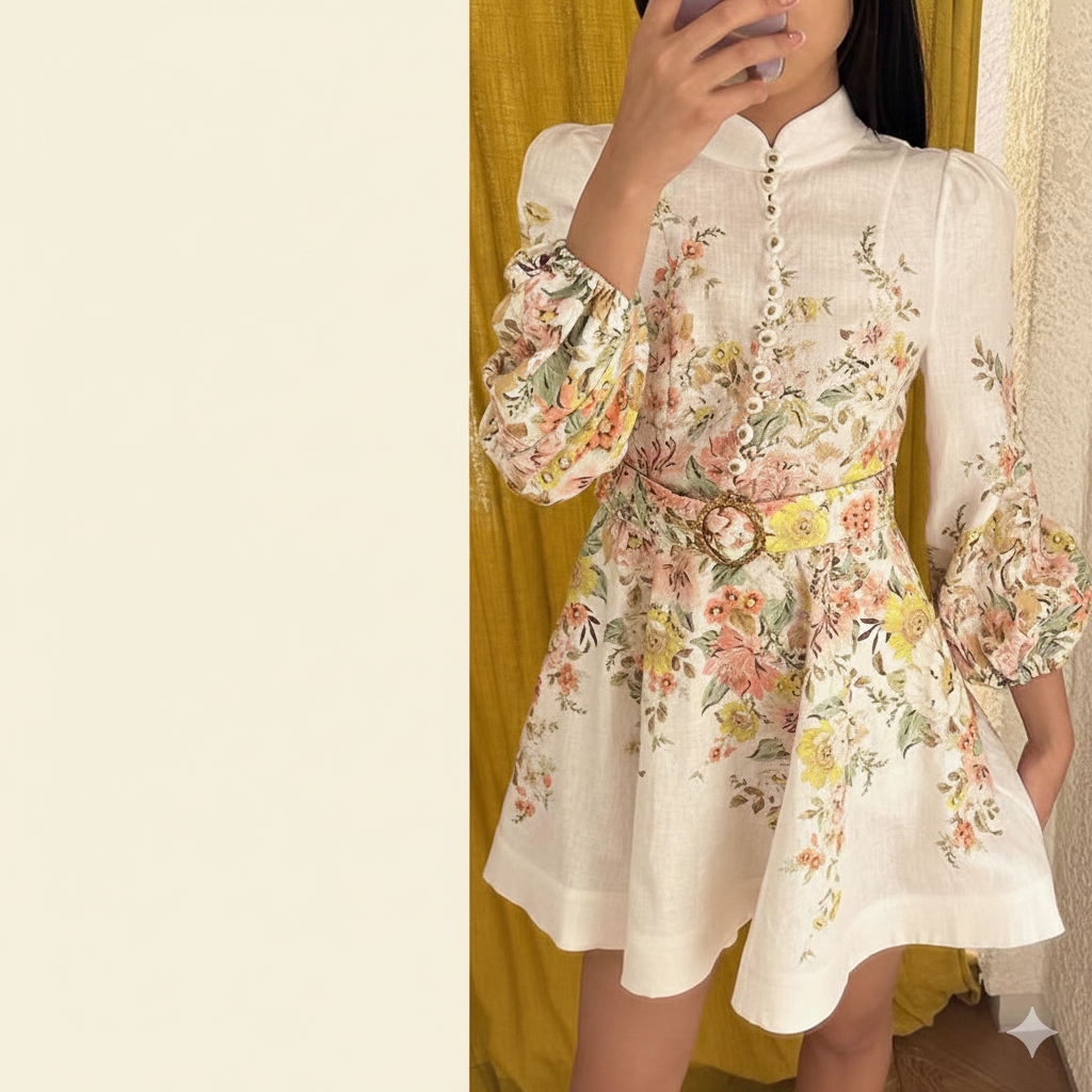 Valenzora | Cotton & Linen Puff Sleeve Floral Belt Dress