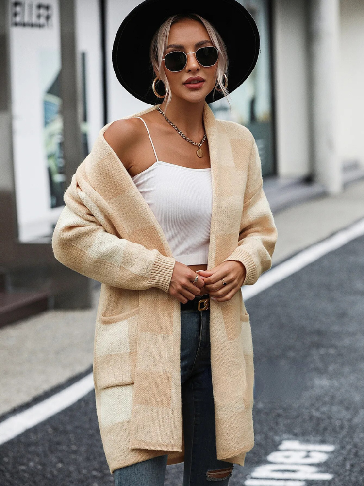 Lange Strickjacke | Warme Karo-Strickjacke für Damen