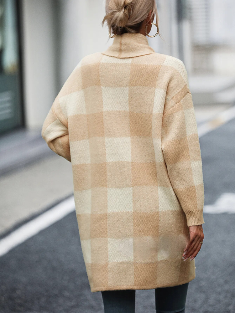 Lange Strickjacke | Warme Karo-Strickjacke für Damen