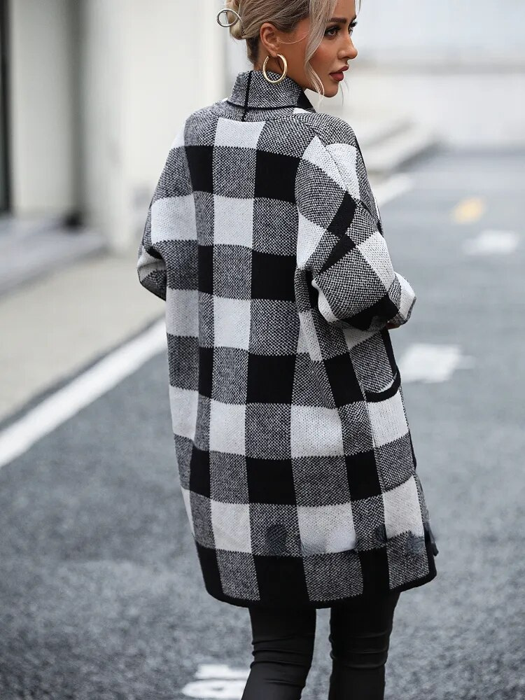 Lange Strickjacke | Warme Karo-Strickjacke für Damen