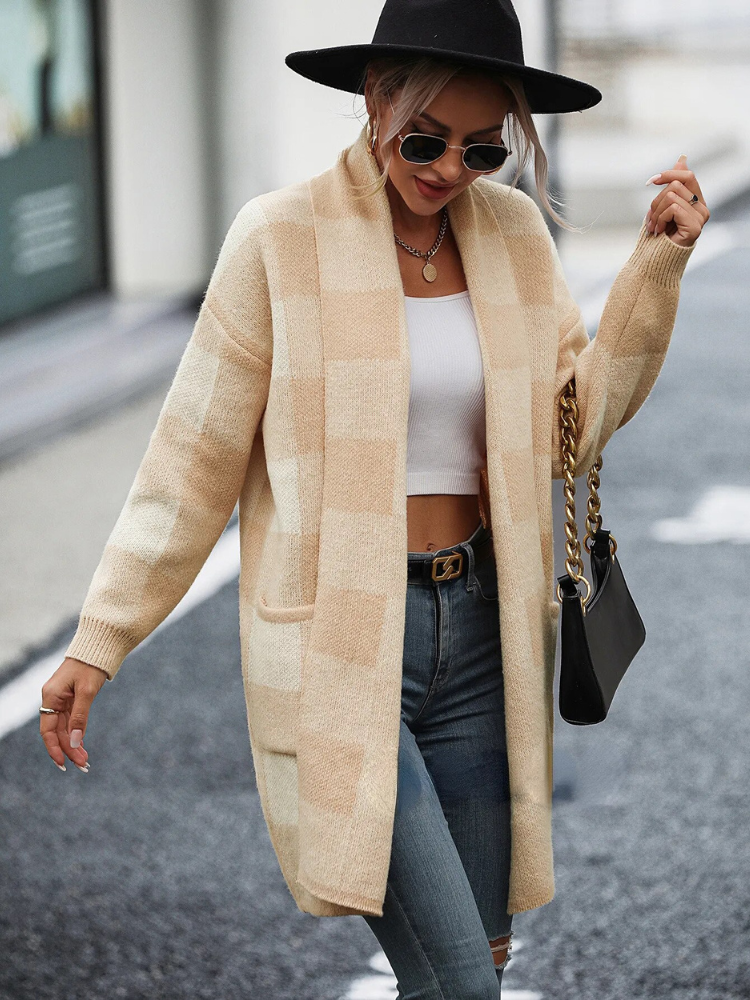 Lange Strickjacke | Warme Karo-Strickjacke für Damen