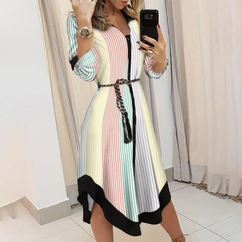 Valenzora | Lined lapel belt comfortable shirt dress
