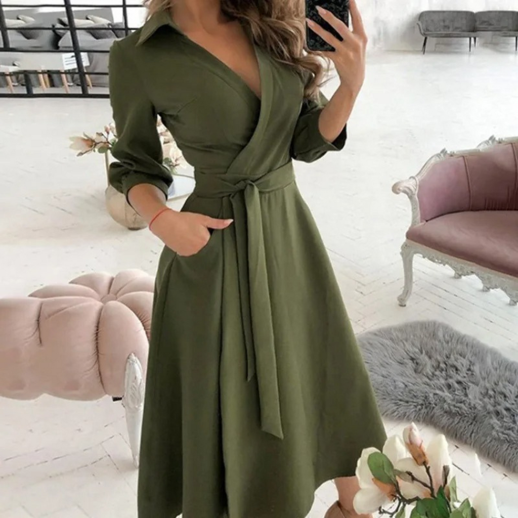 Valenzora | Lined lapel belt comfortable shirt dress