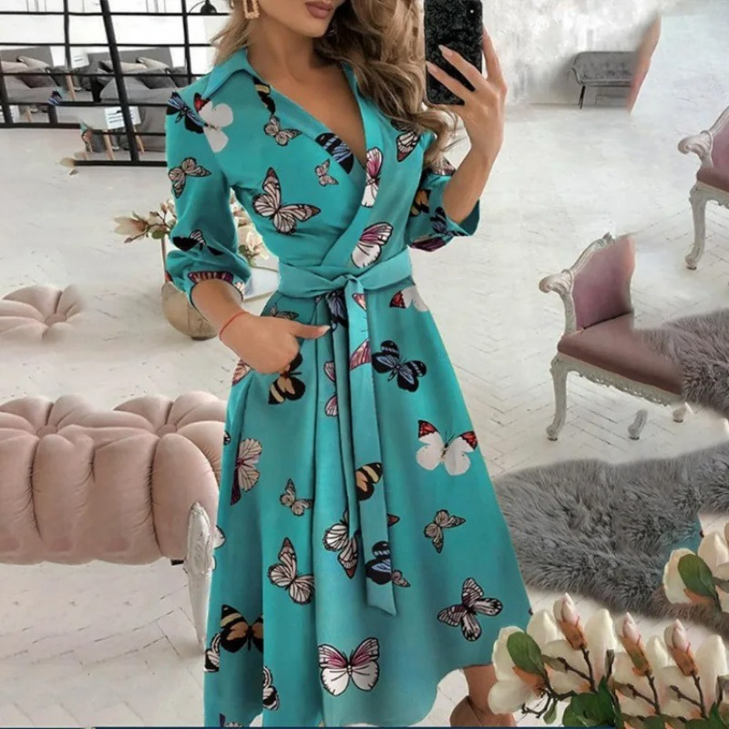 Valenzora | Lined lapel belt comfortable shirt dress