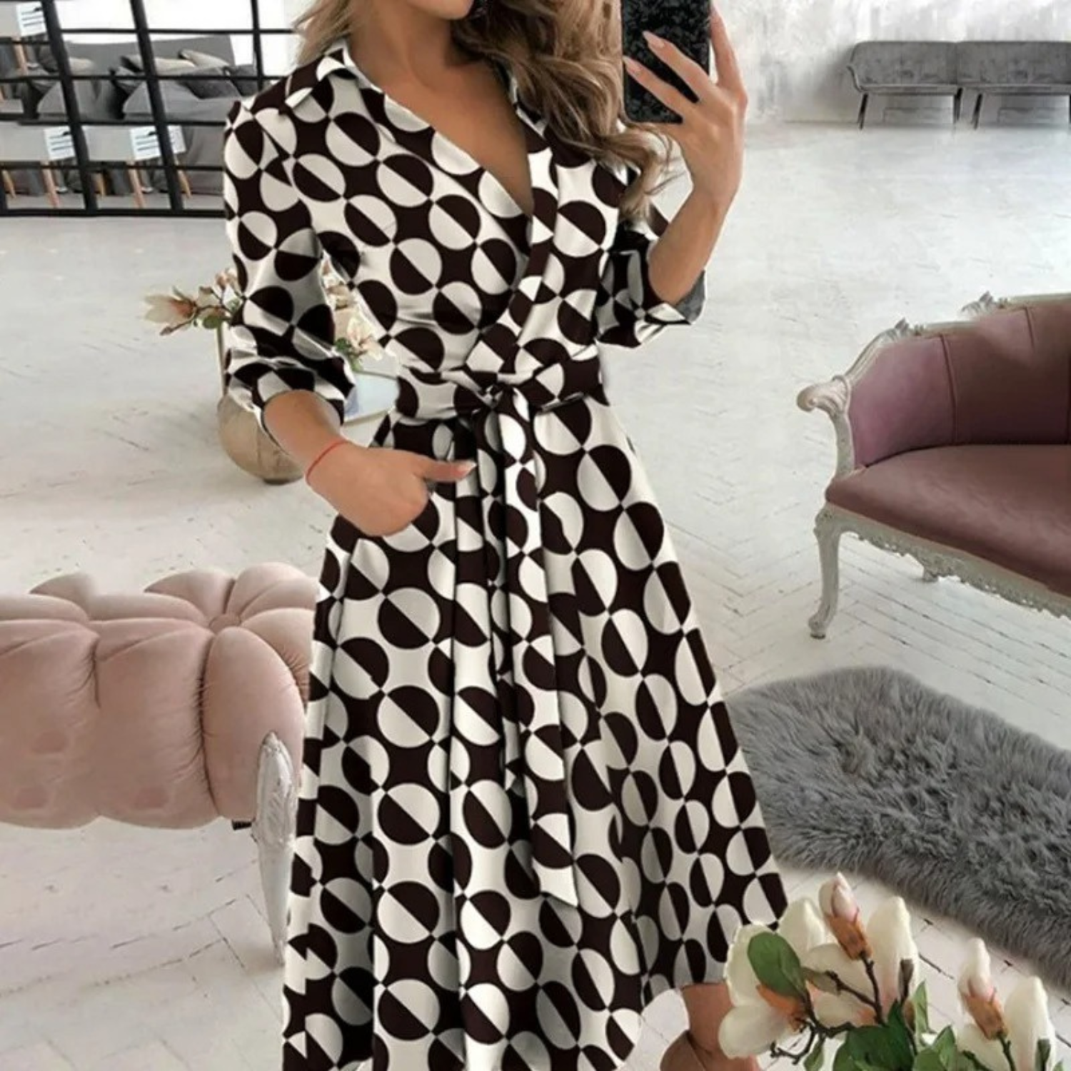 Valenzora | Lined lapel belt comfortable shirt dress