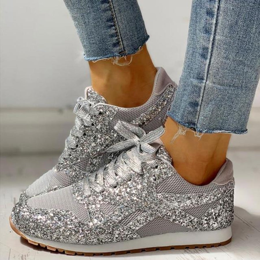 Valenzora | Glitzer-Mesh Schnür-Plateau-Sneaker mit Komfort-Vulkanisierung