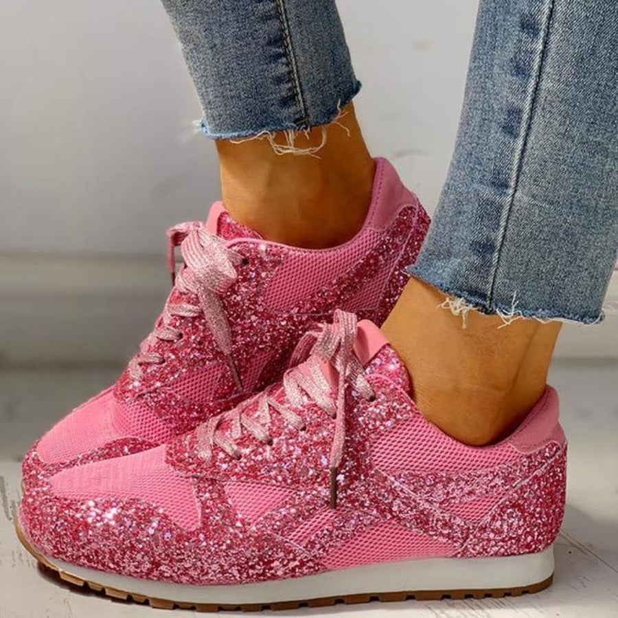 Valenzora | Glitzer-Mesh Schnür-Plateau-Sneaker mit Komfort-Vulkanisierung