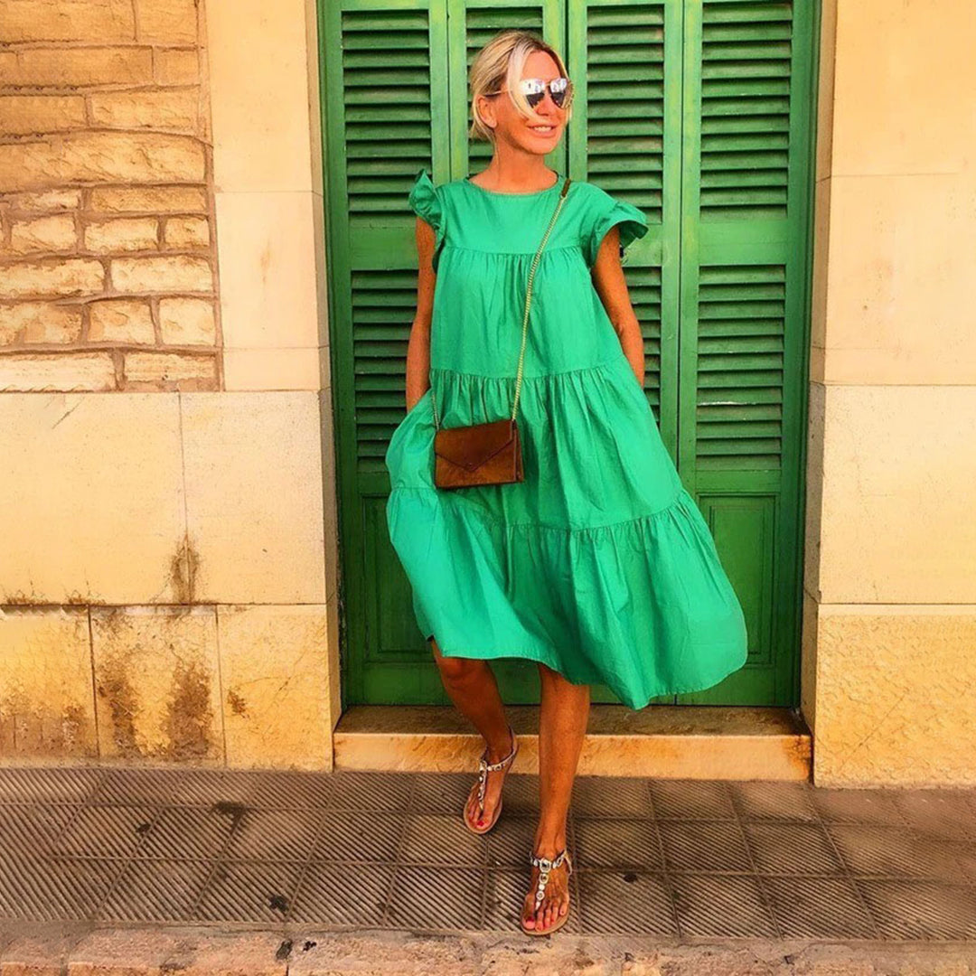 Valenzora | A-line dress, knee-length, short sleeves, floral appliqué, lightweight