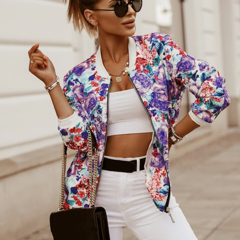 Valenzora Jazzy Floral Bomber Jacket: Elegant women's jacket with zipper and floral pattern, long sleeves, vintage style, slim fit, 4 colors