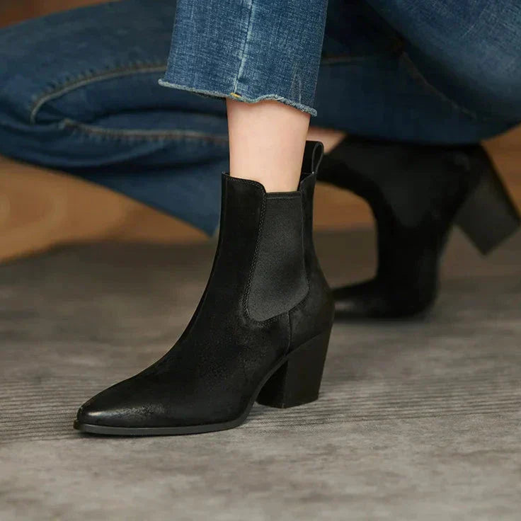 Valenzora | Women's Leather Ankle Boots – Comfortable Block Heel