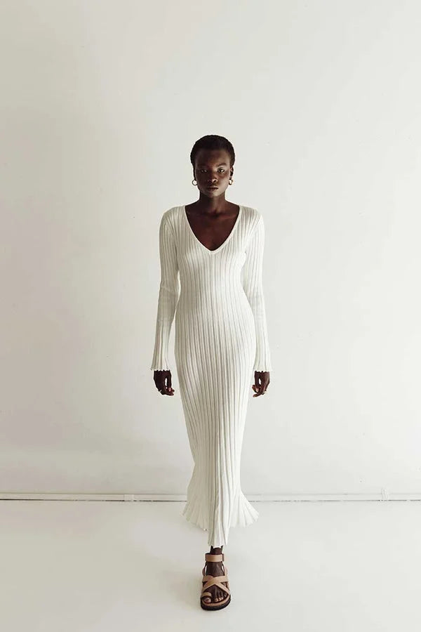 Valenzora Knit Dress | Modern Long-Sleeved Women's Dress with V-Neck