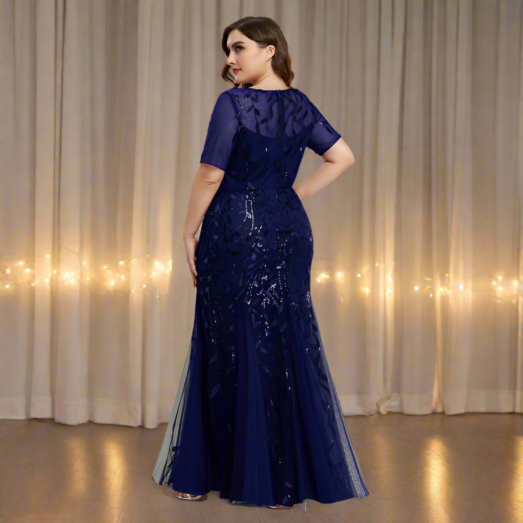 Valenzora | Women's Plus Size Evening Dress with Sequins and Mesh Embroidery in Mermaid Style