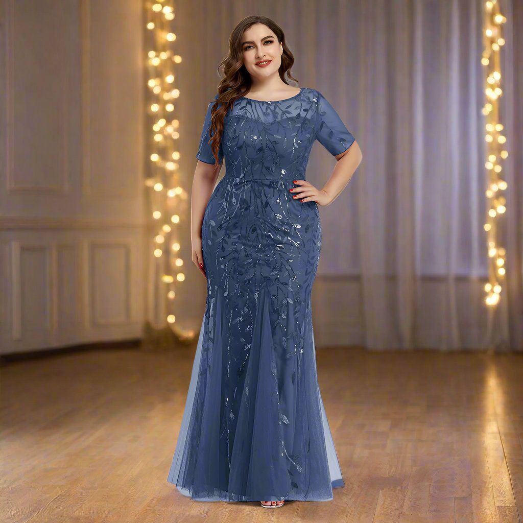 Valenzora | Women's Plus Size Evening Dress with Sequins and Mesh Embroidery in Mermaid Style