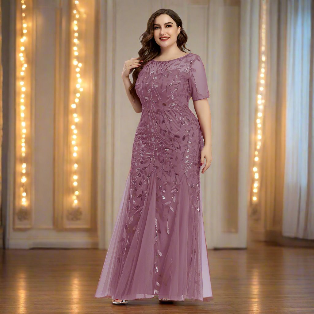 Valenzora | Women's Plus Size Evening Dress with Sequins and Mesh Embroidery in Mermaid Style