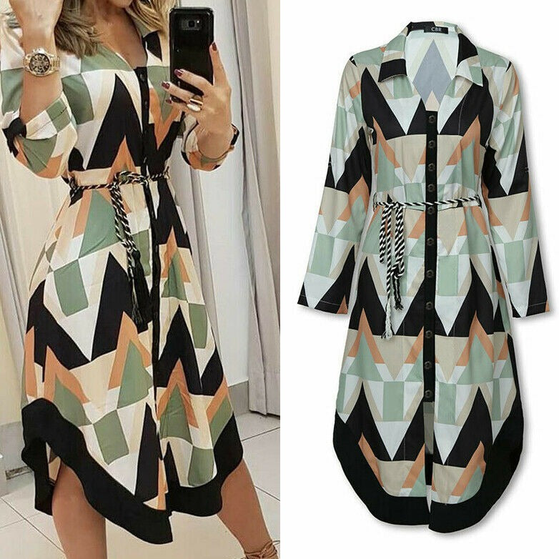 Valenzora Wave Print Long Sleeve Dress
