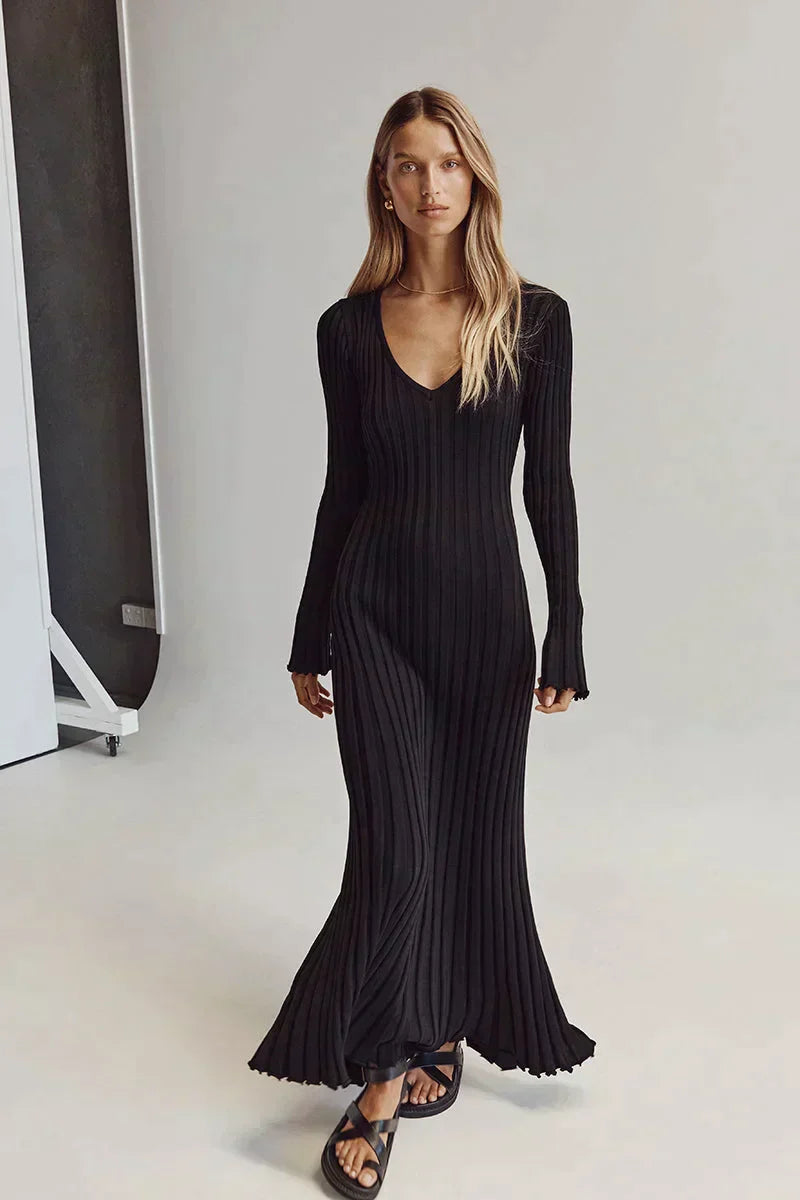 Valenzora Knit Dress | Modern Long-Sleeved Women's Dress with V-Neck