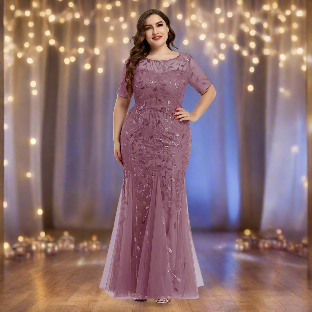 Valenzora | Women's Plus Size Evening Dress with Sequins and Mesh Embroidery in Mermaid Style