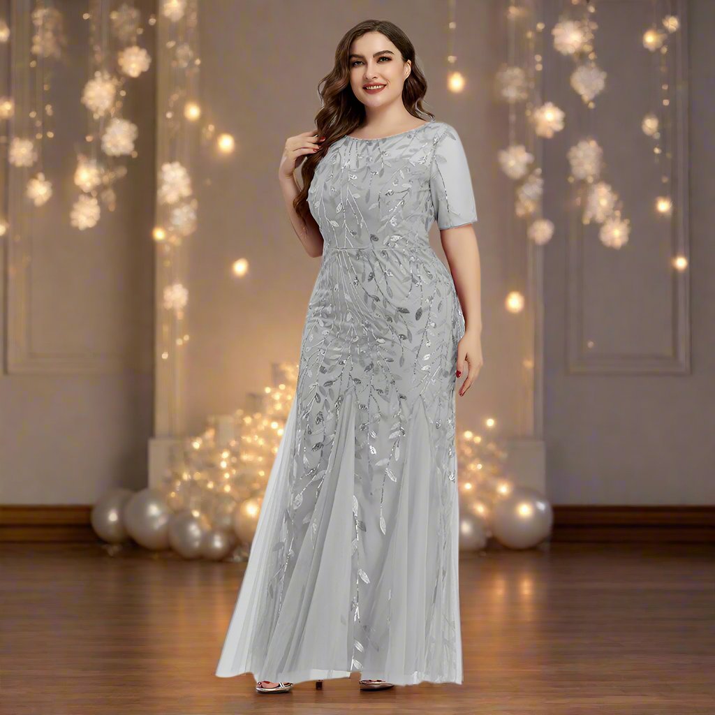 Valenzora | Women's Plus Size Evening Dress with Sequins and Mesh Embroidery in Mermaid Style