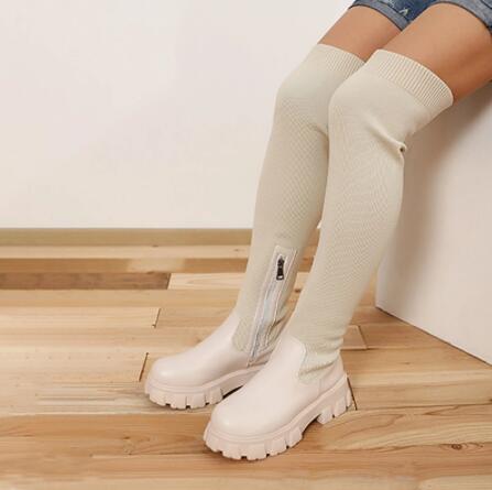 Valenzora Damen Overknee-Stiefel | Gestrickte Damenstiefel: Plateau-Design, lange Sockenstiefel